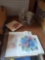 Lot of Misc Items, 2 Painted Tiles Floral, Floral Plastic Cutting Board, Corning Ware Dish, Glass