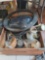 Wood Box Filled With Misc Items, Bike Seat, Vacuum Hose, Basket, Gourd, Jars, Etc, Please see the