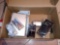 BOX LOT OF ASSORTED ELECTRONICS TO INCLUDE A PORTABLE DVD PLAYER WITH SCREEN, OLDER MODEL CELL PHONE