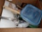 BOX LOT OF MISC ITEMS TO INCLUDE, COOKING UTENSILS, TUPPERWARE, HAIR PICK, ETC.