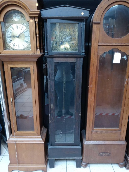 ANTIQUE OAK GRANDFATHER CLOCK, MEASUREMENTS ARE APPROXIMATELY 16 1/2 IN X 9 IN X 74 IN.