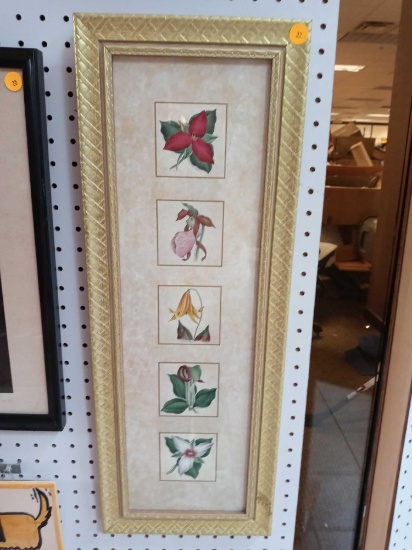 GOLD TONE FRAMED FLORAL PRINT OF FIVE DIFFERENT FLOWERS, MEASUREMENTS ARE APPROXIMATELY 9 1/2 IN X