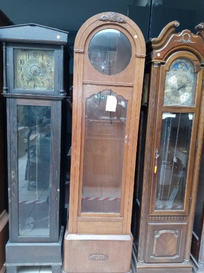 OAK GERMAN GRANDFATHER CLOCK, OVER 100 YEARS OLD, MEASUREMENTS ARE APPROXIMATELY