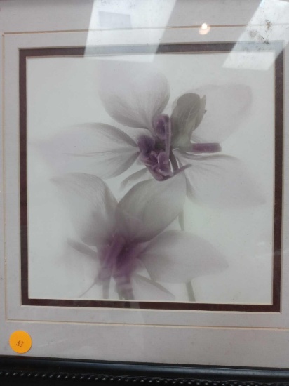 WOODEN FRAMED PRINT OF A FLOWER, MEASUREMENTS ARE APPROXIMATELY 14 1/2 IN DIAMETER.