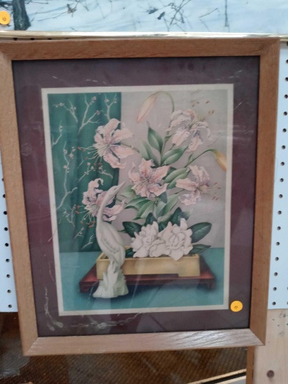 Framed 1940s Iris Lily birds ikebana, measurements are approximately 15 in x 18 in.