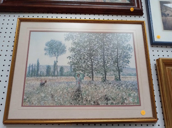 GOLD TONE FRAME PRINT TITLED "SUNLIGHT EFFECT UNDER THE POPLARS" MEASUREMENTS ARE APPROXIMATELY 24