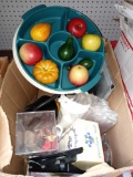 BOX LOT OF MISC ITEMS TO INCLUDE, A BLACK DESK LAMP, FAUX FRUIT, 40 COUNT COCKTAIL NAPKINS AND