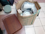 BOX LOT OF MISC ITEMS TO INCLUDE, COOKING POTS, WOODEN SERVING TRAY, BOOKS, ETC.