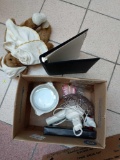 BOX LOT OF ASSORTED ITEMS TO INCLUDE, A THREE RING BINDER, WHITE HAIR DRYER, CASSEROLE DISH WITH