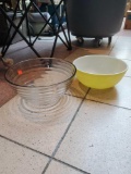 Set Of 2 Mixing Bowls, 1 Yellow And White Pyrex Bowl, And Glass Beveled Bowl, Please see the