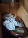 Box Lot Of Misc Items, Basket, Table Doilies, 2 Ping Glass Dishes, Small Oil On Board, Please see