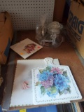Lot of Misc Items, 2 Painted Tiles Floral, Floral Plastic Cutting Board, Corning Ware Dish, Glass