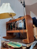 Wood Doll Rocking Cradle, Filled with Misc Items, Lamp, Steamer, Shoe Form, Bell, Etc, Please see