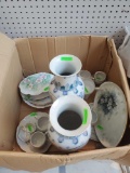 Large Box Of Misc Ceramic Items, 2 Oriental Vases, Covered Floral Dish, 5 Cups, Ceramic Cradles,