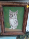 FRAMED PAINTED CANVAS OF KITTEN SIGNED BY R. BARBER, MEASUREMENTS ARE APPROXIMATELY 11 1/2 IN X 14
