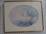 GOLD TONE FRAMED PRINT OF FLOWERS, SIGNED BY LENA LIU, MEASUREMENTS ARE APPROXIMATELY 20 1/2 IN X 16