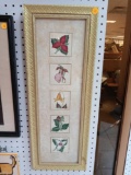 GOLD TONE FRAMED FLORAL PRINT OF FIVE DIFFERENT FLOWERS, MEASUREMENTS ARE APPROXIMATELY 9 1/2 IN X
