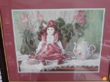 Home Interiors Victorian Doll Picture Tea Party Cup Framed Matted by Val Bishop