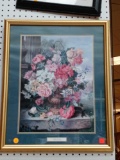 GOLD TONE FRAMED PRINT OF STILL LIFE WITH FLOWERS BY JOHN WAINWRIGHT, MEASUREMENTS ARE APPROXIMATELY