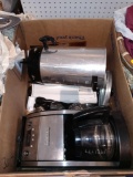 BOX LOT OF MISC ITEMS TO INCLUDE, CUISINART MACHINE, HOT WATER POT, SHOT GLASSES, ETC.