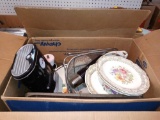 BOX LOT OF MISC ITEMS TO INCLUDE, METAL THERMOS, GLASS FLORAL PLATES, COOK WARE, ETC.