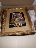 BOX LOT OF ASSORTED ITEMS TO INCLUDE, A MOSAIC OWL MADE OF BEADS, WICKER BASKETS, 26 INCH PATRIOTIC