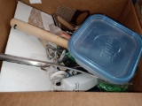 BOX LOT OF MISC ITEMS TO INCLUDE, COOKING UTENSILS, TUPPERWARE, HAIR PICK, ETC.