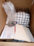 BOX LOT OF MISC ITEMS TO INCLUDE, BLACK WIRE METAL BASKET, BAG OF RANDOM KEYS, WHITE CUTTING BOARD,