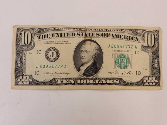 SERIES 1981-A $10 BILL - DOES HAVE A TEAR IN THE MIDDLE & BOTTOM LEFT, SEE PHOTOS.