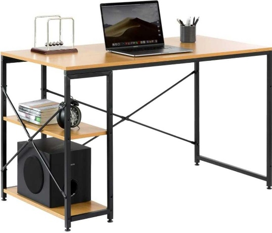 BASICWISE INDUSTRIAL RECTANGULAR WOOD AND METAL HOME OFFICE COMPUTER DESK WITH 2 SIDE SHELVES,