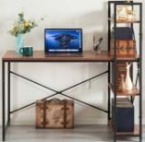 Wood and Metal Industrial Home Office Computer Desk with Bookshelves in Cherry