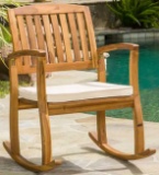 Selma Teak Finish Wood Outdoor Rocking Chair with Cream Cushion