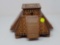 MAHOGANY AND MAPLE INLAID MAYAN STYLE PYRAMID JEWELRY BOX, 6 1/2 INCHES WIDE X 6 INCHES TALL.