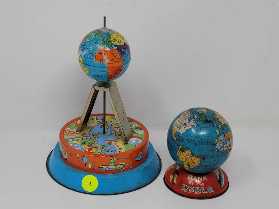 VINTAGE WIND UP TIN GLOBE TOY; MEASURES 8 INCHES TALL AND A VINTAGE GLOBE BANK WITH A COMPASS ON TOP