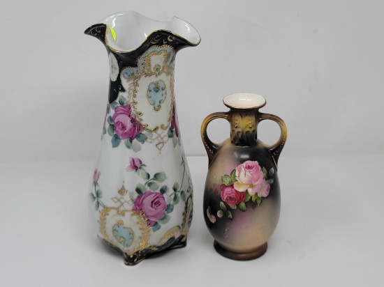 LOT OF 2 HAND PAINTED VASE ONE SIGNED; MEASURES 10 INCHES TALL AND OTHER MEASURES 7 INCHES TALL