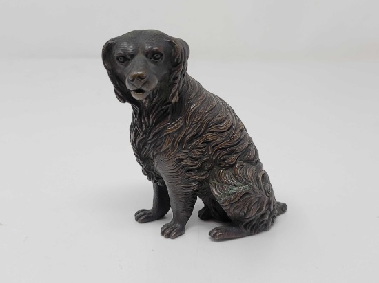 BRONZE DOG FIGURINE WITH MARKINGS 'A' ON BOTTOM; MEASURES 5 INCHES TALL