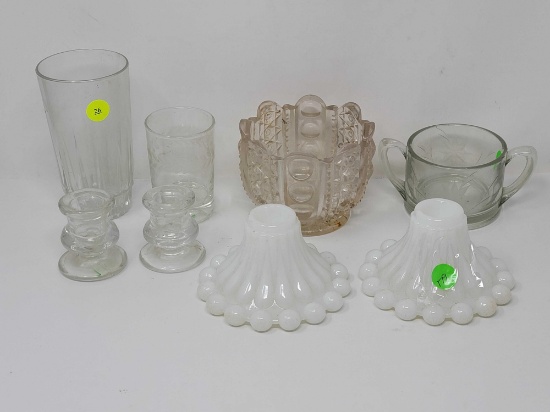 LOT OF MISCELLANEOUS GLASSWARE - INCLUDES 5 INCH WATER GLASS A PAIR OF MILK GLASS CANDLE HOLDER A