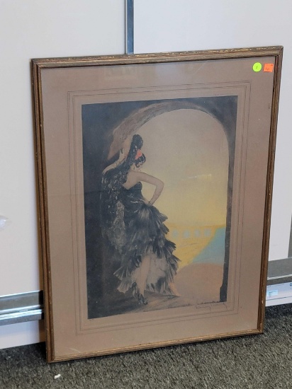 FRAMED AND SIGNED ICART PRINT OF A SPANISH DANCER COPYRIGHT DATE 1928 IN GOLD FRAME; MEASURES 21 X