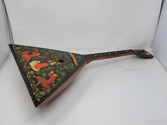 HAND PAINTED RUSSIAN MANDOLIN, SIGNED AND DATED IN 1993, 17 INCHES X 26 INCHES.