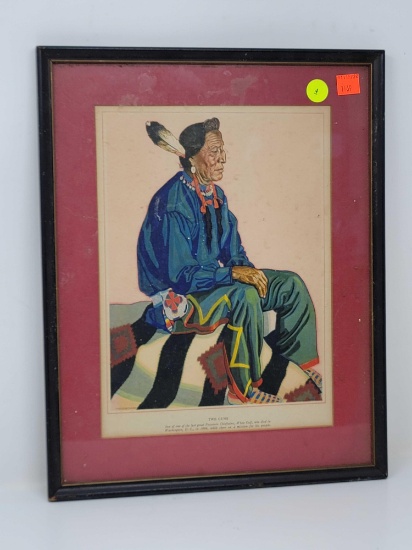 FRAMED NATIVE AMERICAN PRINT TITLED TWO GUNS MATTED IN BLACK FRAME; MEASURES 12 X 15