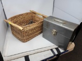 MISCELLANEOUS LOT; INCLUDES METAL FILE BOX, SILVER POTTERY VASE- 10 IN H, BASKET WITH BAMBOO