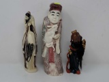 LOT OF THREE ORIENTAL FIGURES TWO FAUX IVORY FIGURES ONE 7 INCHES ONE 8 INCHES, WOODEN PAINTED