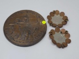 LOT OF 2 ITEMS, GREEK BRONZE PLAQUE 9 INCHES IN DIAMETER AND TWO MEXICAN COIN ASH TRAYS IN 4 INCH