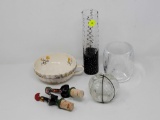 MISC. LOT OF ITEMS TO INCLUDE, CRACKLE GLASS PAPER WEIGHT 3 INCHES IN DIAMETER, PAINTED VASE 7