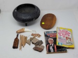 MISC. LOT OF ITEMS TO INCLUDE, CARVED AFRICAN ART, DISH 8 INCHES LONG, WOODEN CARVED MATCH HOLDER,
