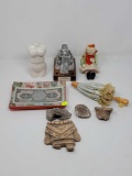 MISC. LOT OF ITEMS TO INCLUDE, THREE TRAYS MADE WITH MEXICAN PASO AND STAMPS, PAIR OF BODY STYLE