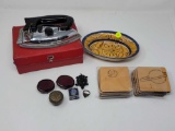 MISC. LOT OF ITEMS TO INCLUDE, UNIVERSAL TRAVELING IRON WITH SEWING NOTIONS, WOODEN PLANET COASTERS,