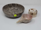 LOT OF THREE STONE WARE, 8 INCHES DIAMETER BOWL, MARBLE SHELL DISH 5 INCHES LONG, AND MARBLE 3 IN