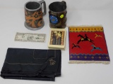 MISC. LOT OF ITEMS TO INCLUDE, TWO MUGS ONE CUTER AND ONE BRASS, NATIVE AMERICAN MOUSE PAD, TAROT