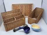 BASKET LOT TO INCLUDE, WOVEN 17 INCH LONG TRAY, METAL AND WOVEN STORAGE BASKET 6 IN X 10 IN X 7 IN